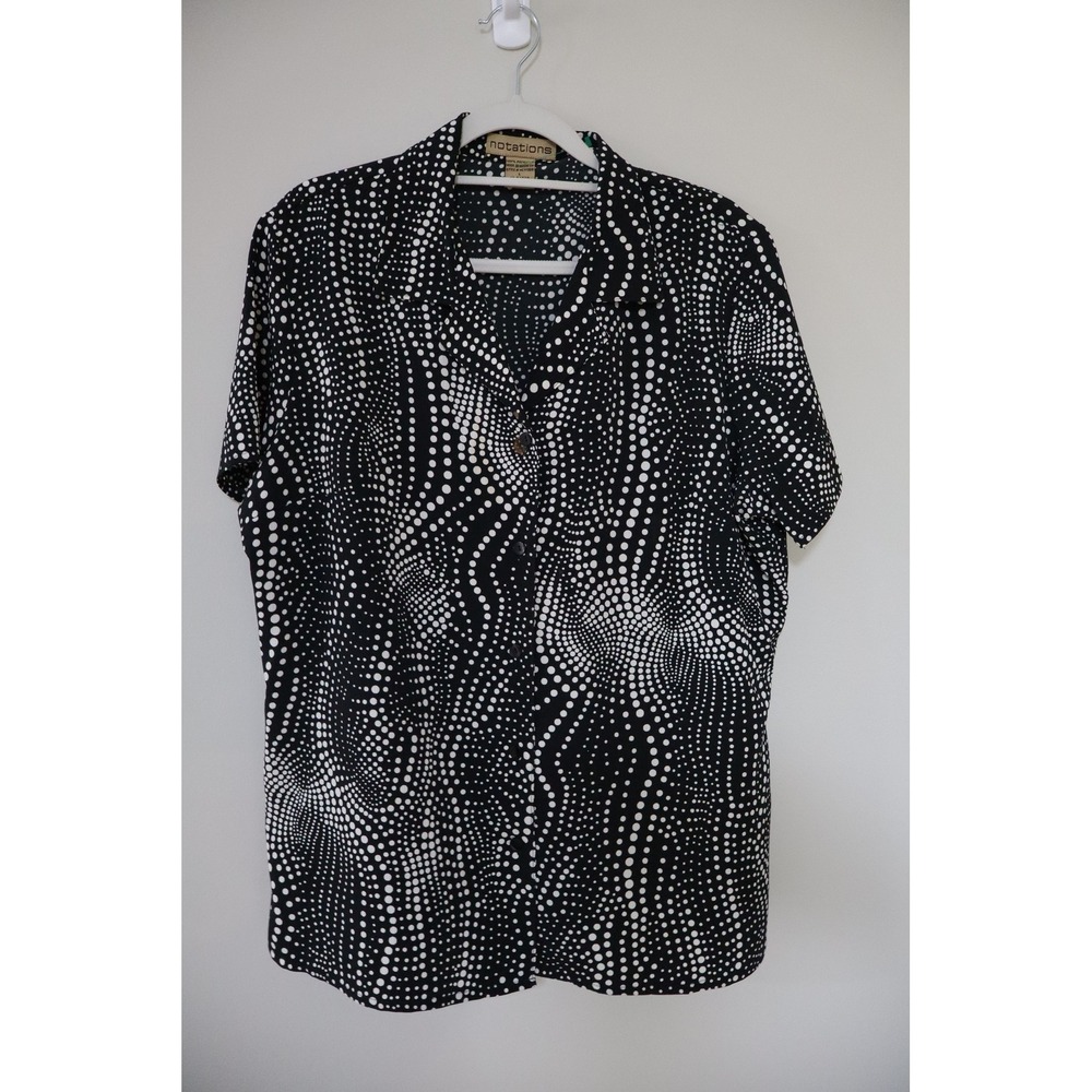 Retro Mod Psychedelic Notations Button Down Shirt Large Black White Polka Dot